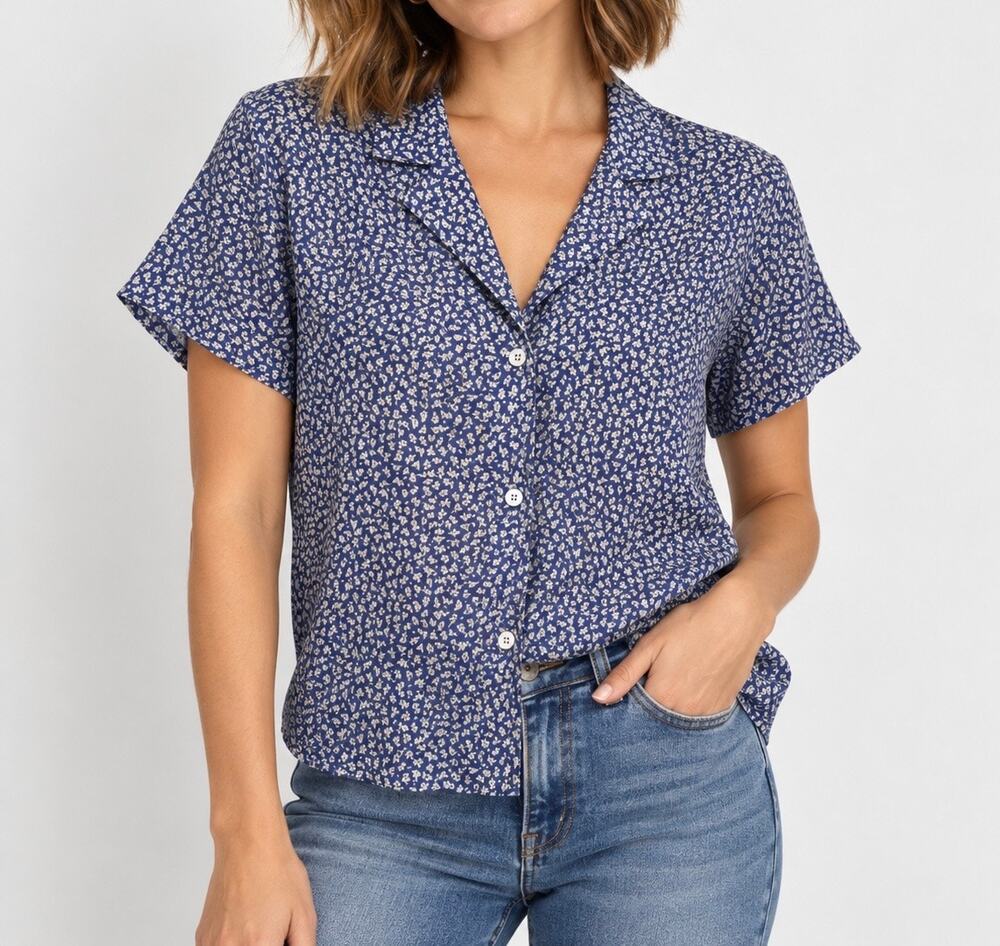 Everlane Blue Floral Print 100% Silk Camp Shirt Size 4